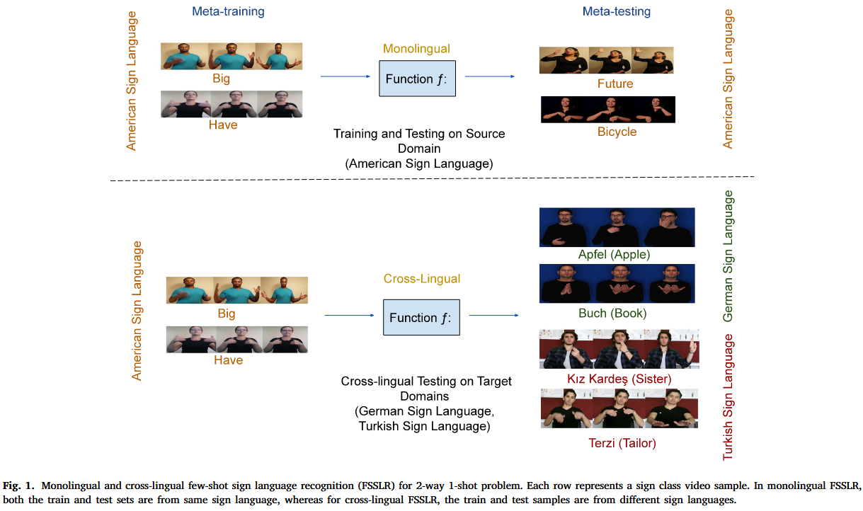 Monolingual and cross-lingual few-shot sign language recognition (FSSLR) for 2-way 1-shot problem. Each row represents a sign class video sample